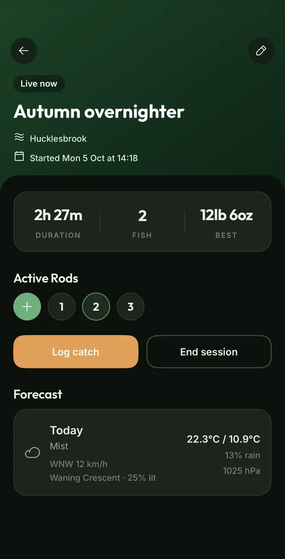 A live session with an Active Rods row of three rods