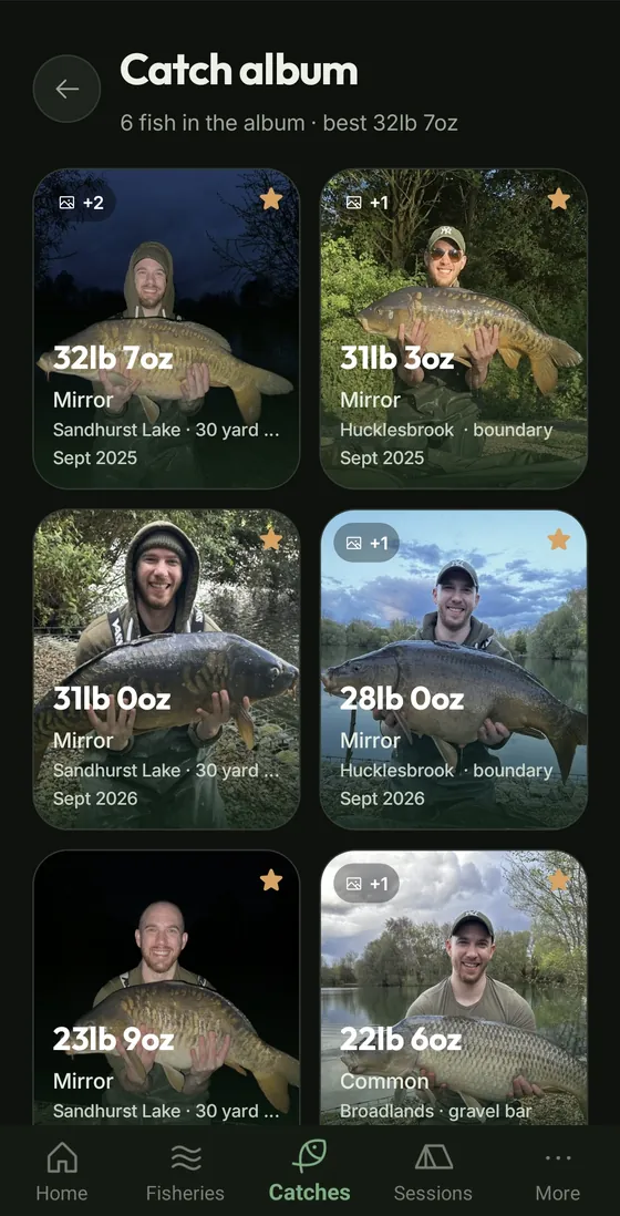 Catch album showing six starred carp with weights and swims