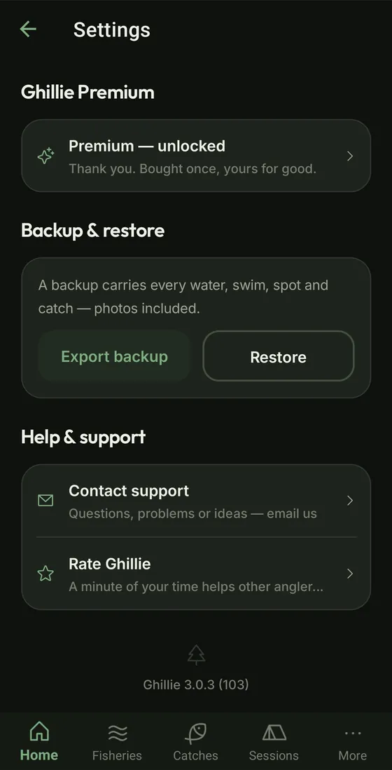 Settings screen with backup export and restore