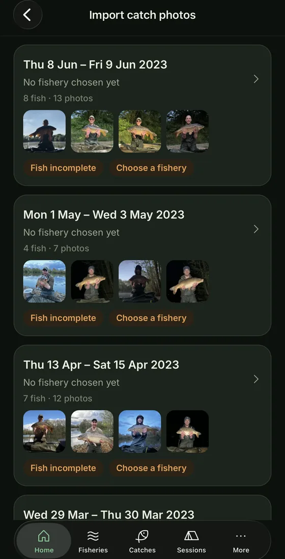 Import catch photos: photos from the phone sorted into trips by date