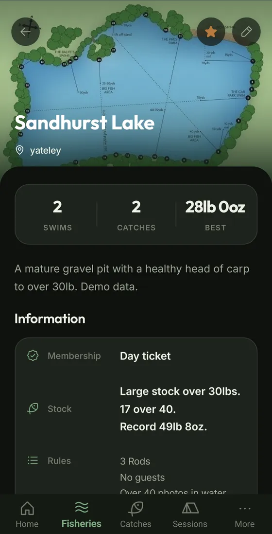 Fishery page for Sandhurst Lake with swims, catches and best fish