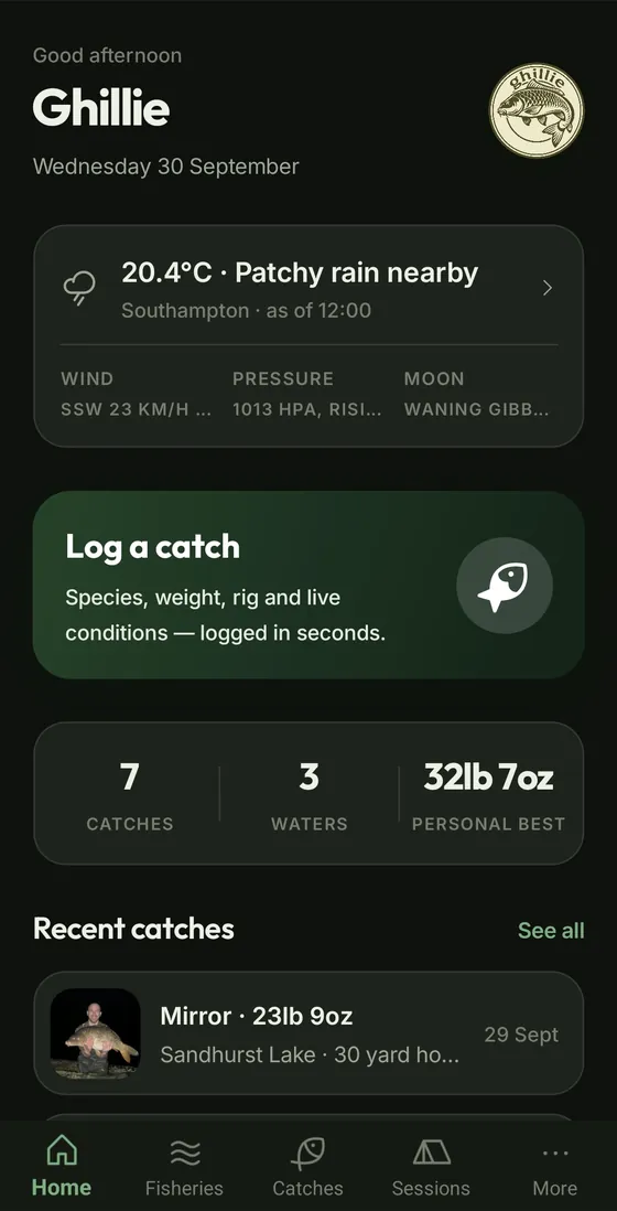 Home screen with weather, a Log a catch button and season stats