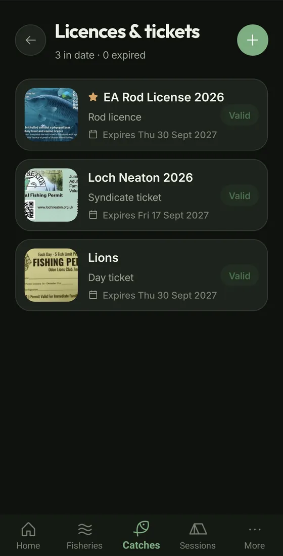 Licences and tickets wallet with a rod licence, syndicate ticket and day ticket