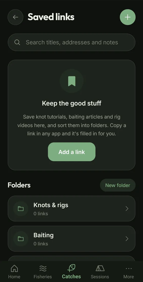 Saved links library with folders for knots, rigs and baiting