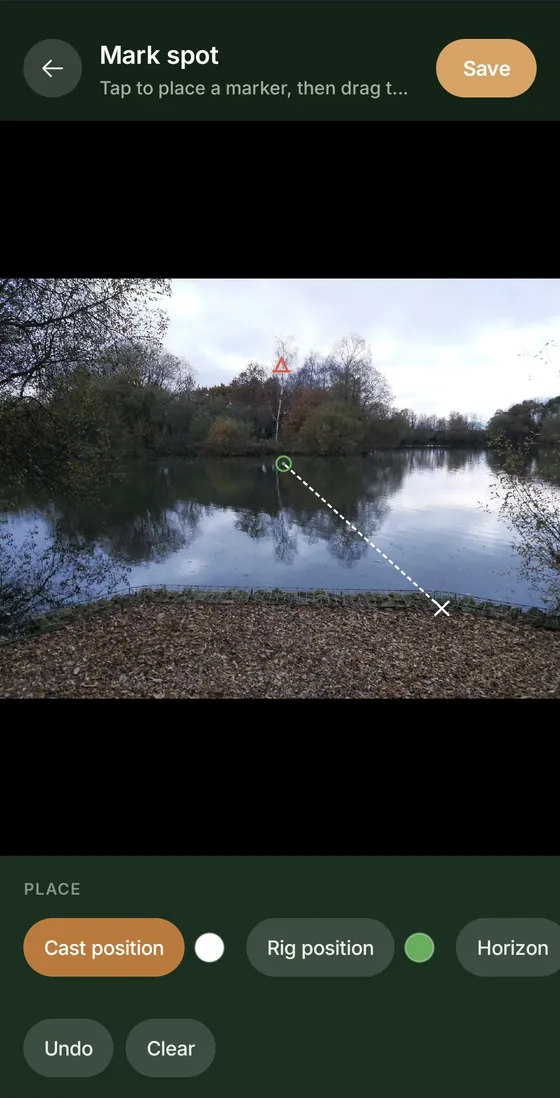 Ghillie's Mark spot screen, with a cast line drawn across a photo of a lake