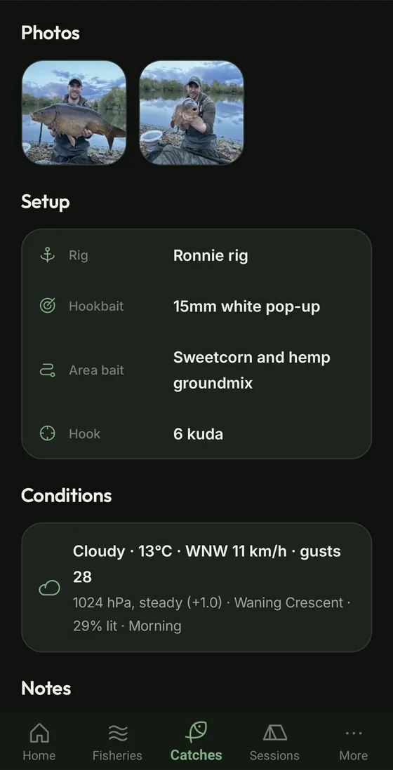Catch setup showing rig, hookbait and conditions