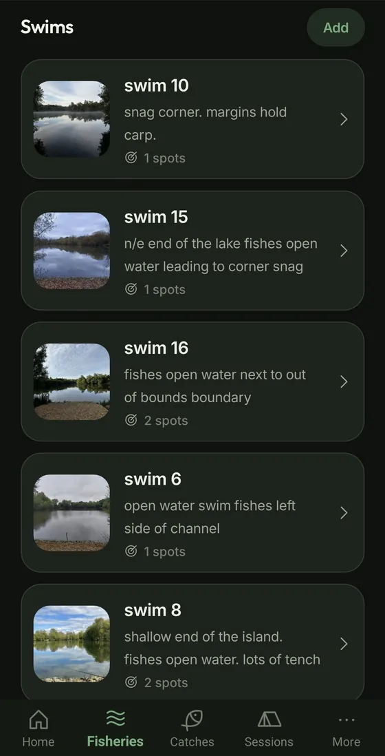 A list of swims, each with a photo, a note on how it fishes and its number of spots