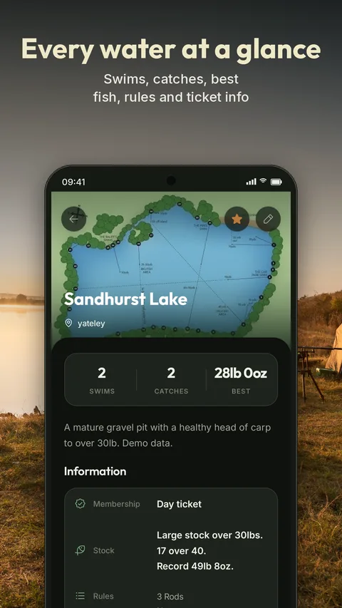 A fishery page with swims, catches, best fish and ticket information