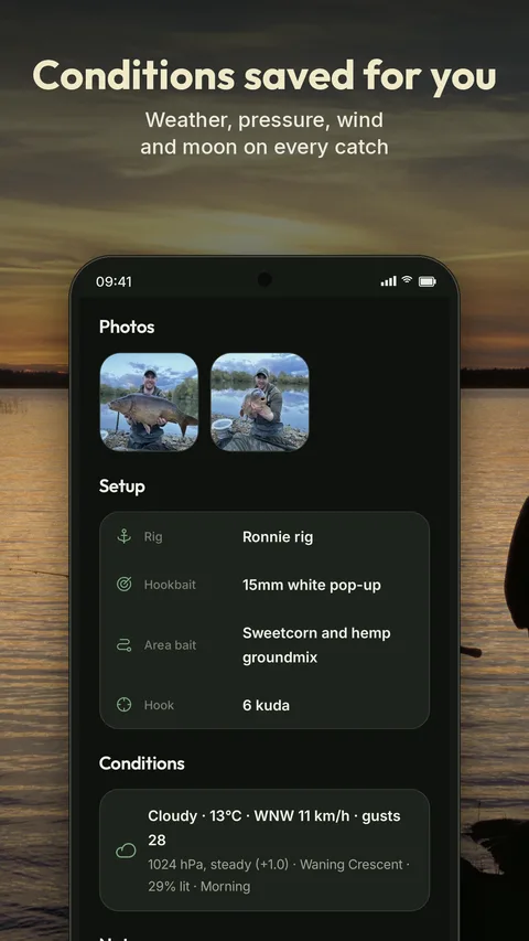 A catch with weather, pressure, wind and moon saved automatically